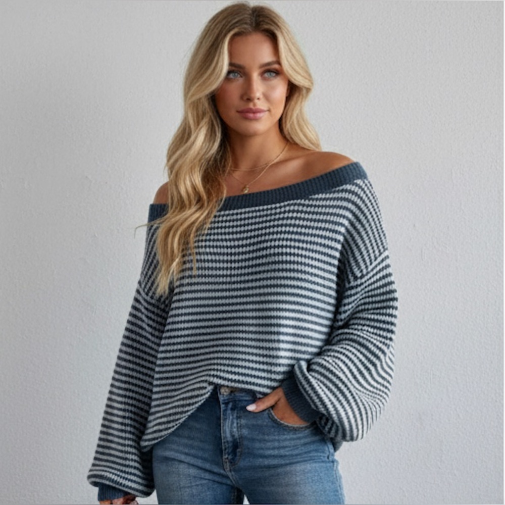 LAST ONE 🔥 Striped Pattern Off Shoulder Lantern Sleeve Sweater Blue